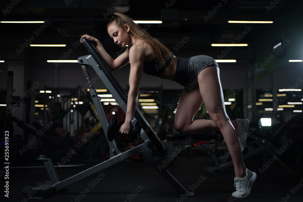 fitness brunette woman with trained body training back with dumbbell at gym fitness brunette woman with trained body training back with dumbbell at gym