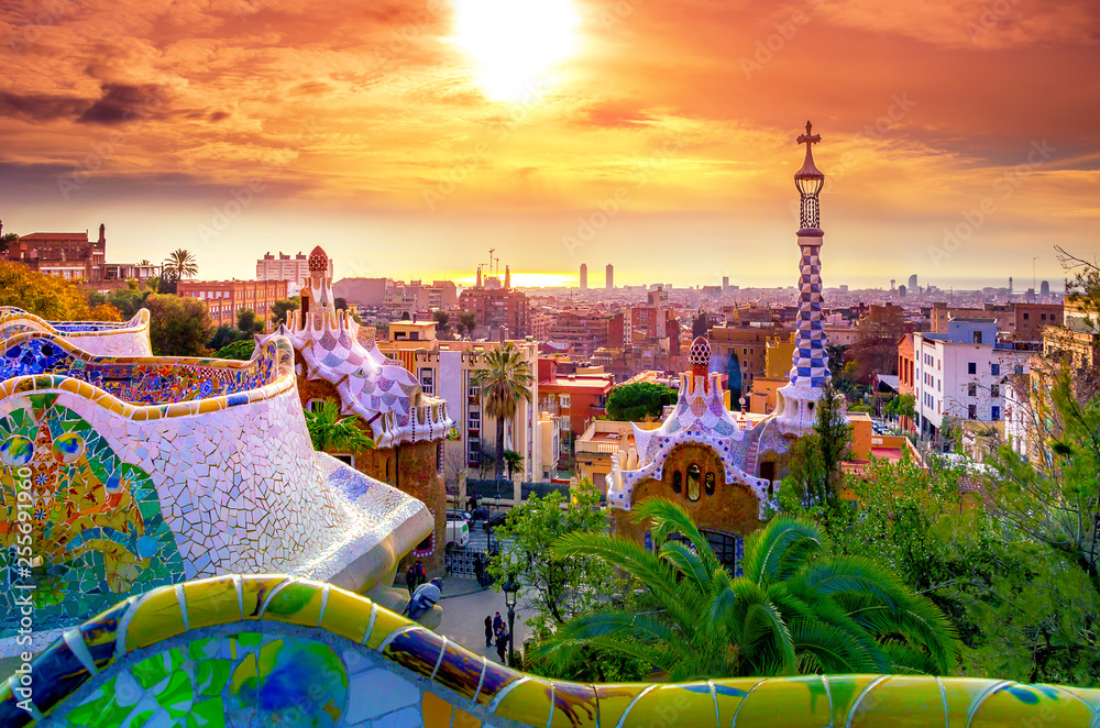 View of the city from Park Guell in Barcelona, Spain - obrazy, fototapety, plakaty 