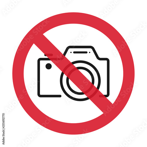 No cameras allowed sign. Flat icon in red crossed out circle. Vector illustration