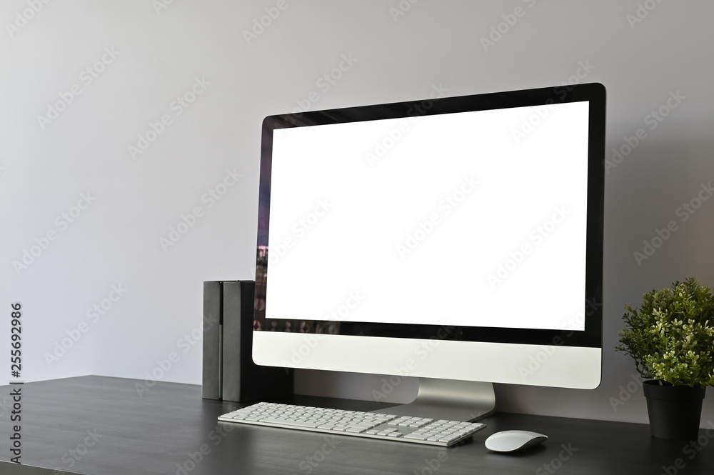 Workspace pc computer and books on black office desk and copy space. Workspace pc computer and books on black office desk and copy space.