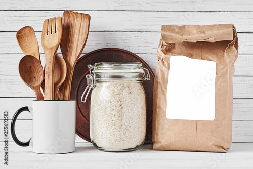 Kitchen utensils and craft paper bag