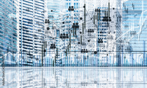 Concept of global communication and networking with world map over cityscape