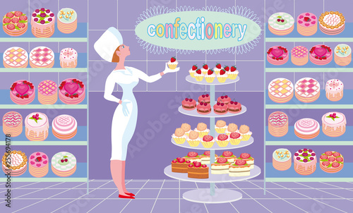 The seller in the pastry shop proudly demonstrates the goods. In the room showcases with cakes