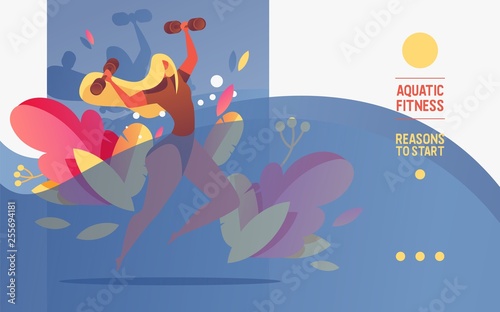 Horizontal banner with young woman in pool with barbells doing waterobics or water aerobics. Template good for swimming courses with blue wave and greenery