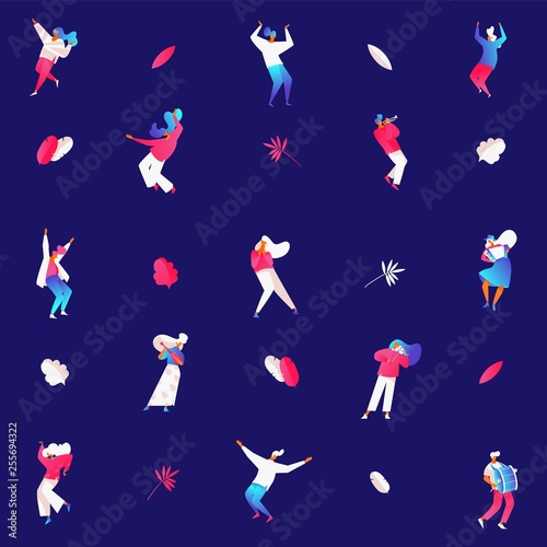 People dancing and playing musical instruments on dark blue background. Flat happy characters on party or celebration drawn with bright gradient colors