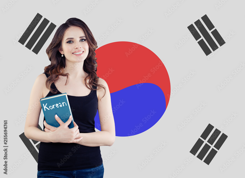 Study korean language. Happy cheerful woman student on the Republic of