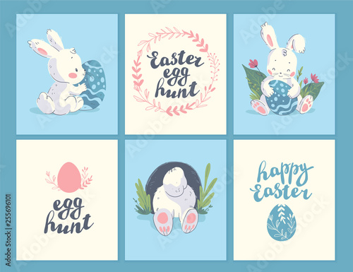 Vector collection of Easter holiday congratulation cards, tags, stickers with lettering, cute little bunny character with easter eggs isolated. Flat hand drawn style. For holiday gifts, decor, banners