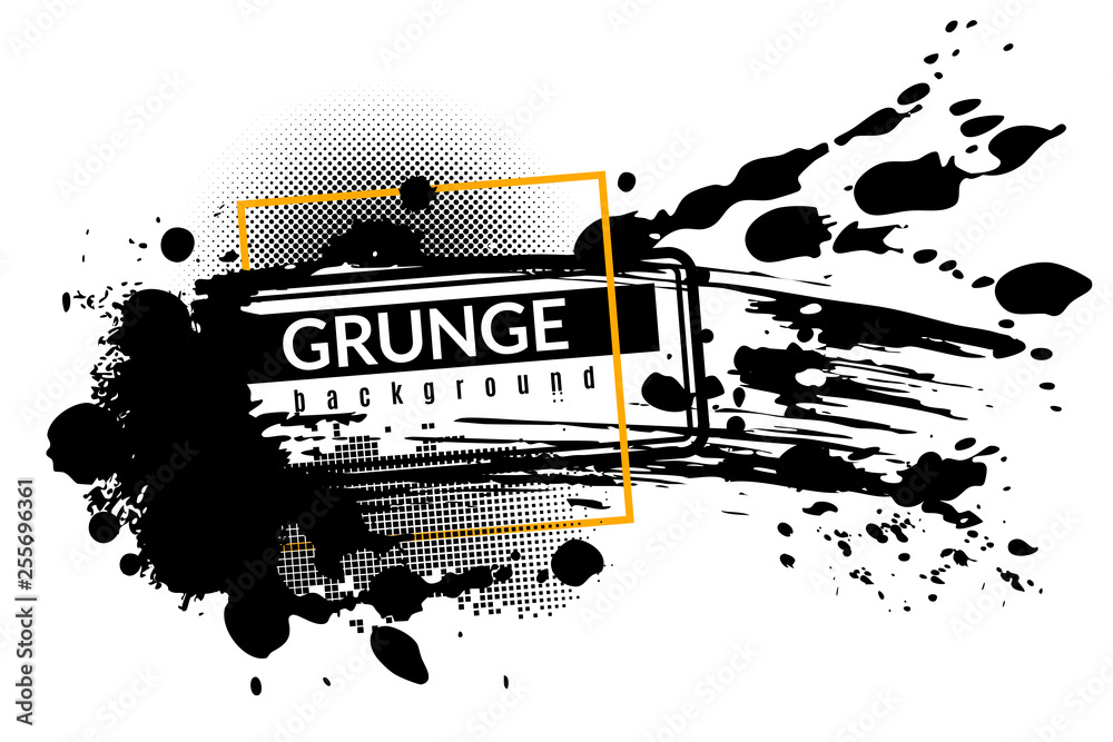 Grunge ink background. Black inked splatter dirt stain splattered spray splash with drops vector abstract texture - obrazy, fototapety, plakaty 