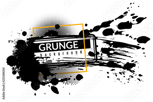 Grunge ink background. Black inked splatter dirt stain splattered spray splash with drops vector abstract texture