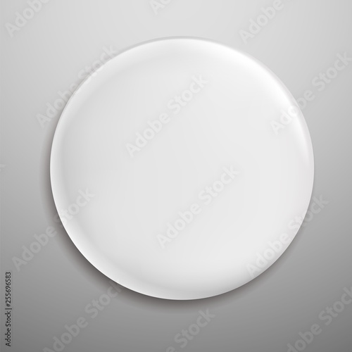 Pin badge. White blank round metal button circle label or empty brooch isolated vector realistic mockup