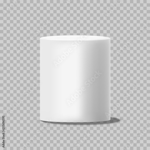 White cylinder. Solid circular box pillar or stand empty can mockup vector isolated on transparent background