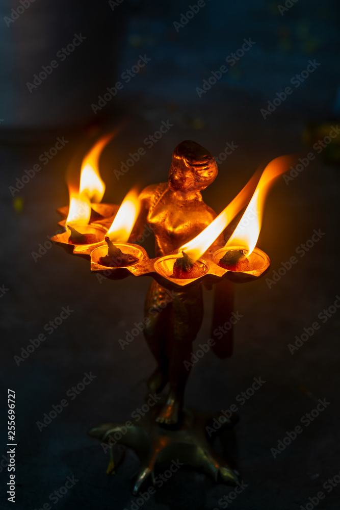 Pancha pradip is used as an offering to God in worship. Pancha pradip is used as an offering to God in worship.