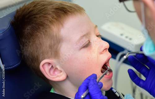 A dentist treats a patient's child in a dental office in a pleasant environment.Dentist, Child, Dental Hygiene