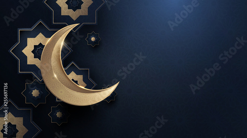 Ramadan Kareem. Gold moon and abstract luxury islamic elements background photo