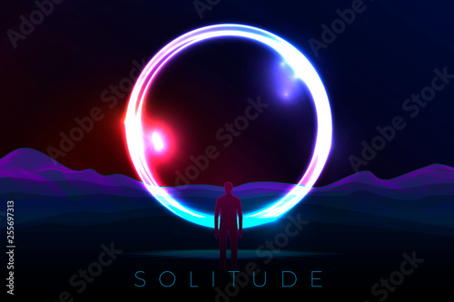 Vector banner, poster design template in futurism style, with bright circle over the mountains. With a man standing in front of it, solitude travel concept.
