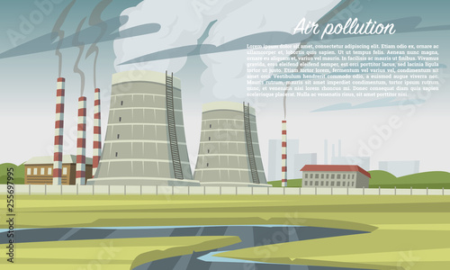 Air pollution. Smog chimney, coal Industry factory, nuclear plants. Emissions of toxic hazardous radioactive waste, carbon dioxide from smoking towers. Environmental problem. Ecological catastrophe. 