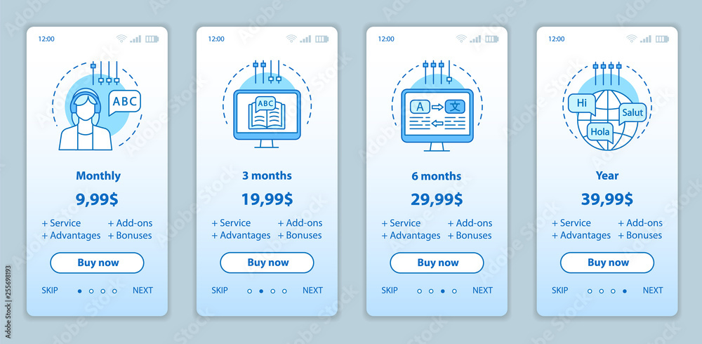 Language learning onboarding mobile app screens with service prices