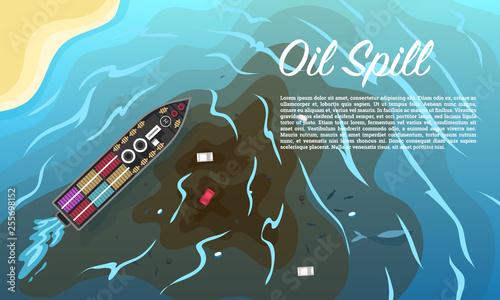 Oil spill. Environmental pollution. Ecological problems Dirty Ocean Water. Wrecked ship, fishing boat and gasoline. Concept of Destruction of sea creatures.