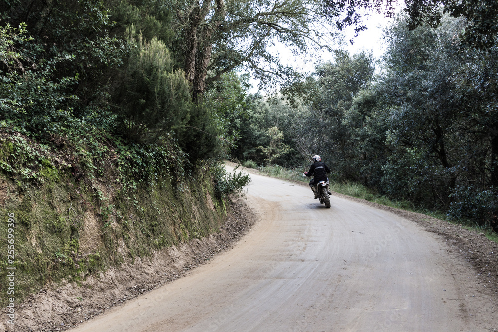 Motocross driver on pathway in mountain forest Motocross driver on pathway in mountain forest