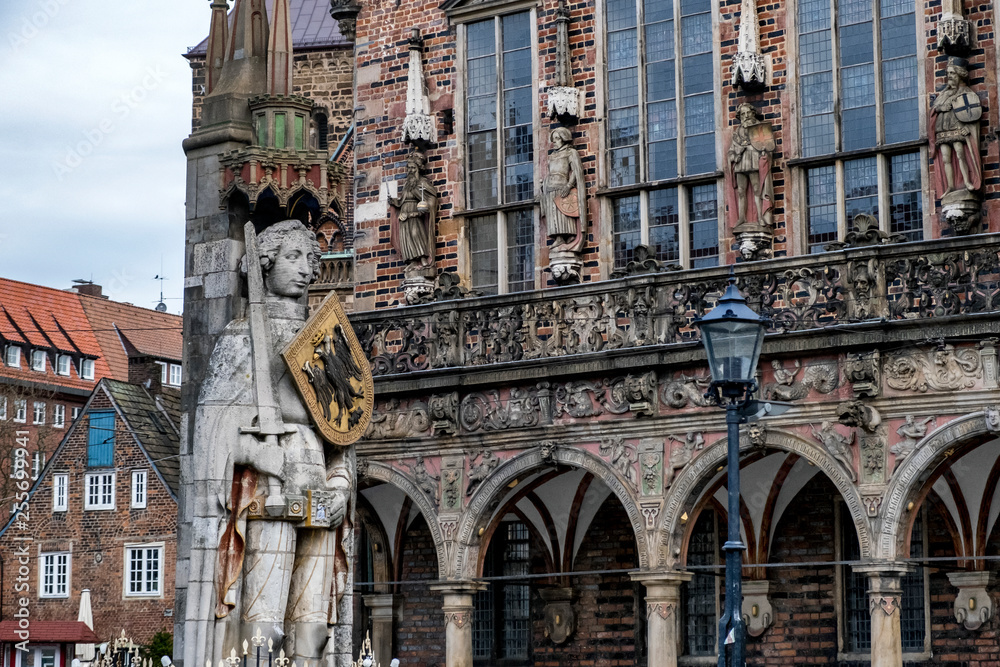 Statue of Roland on the Market Square in Bremen, Germany. March 2019