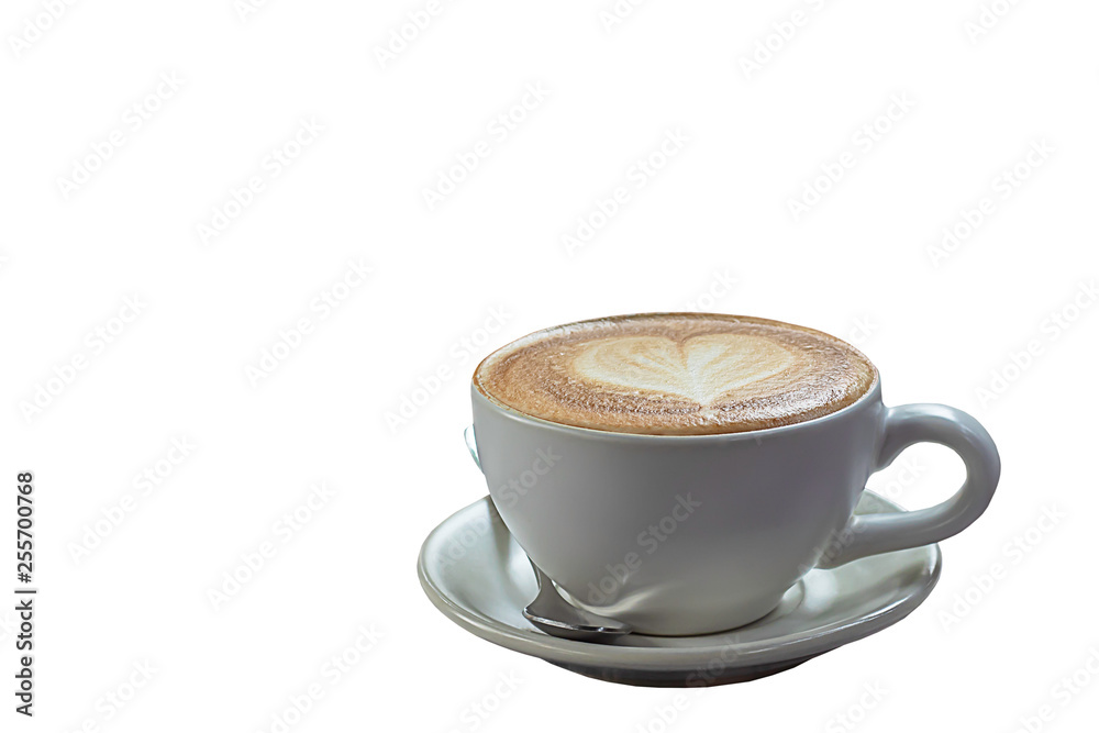 Fototapeta premium Hot coffee Espresso topped with a heart-shaped milk in white glass on a white background with clipping path.