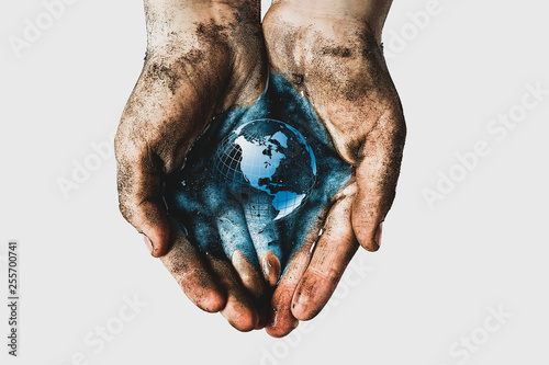 Hands of a child with dirty water. Epidemic, viruses, bacteria in water, diseases of dirty hands. Problems of environmental pollution ecology photo