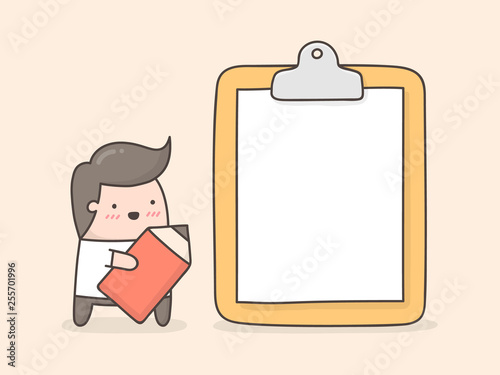 Little man with blank paper on clipboard.