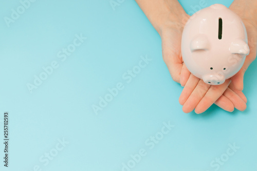 Piggy bank money on blue background