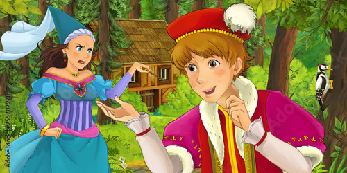 cartoon scene with young prince traveling and encountering princess sorceress and hidden wooden house in the forest - illustration for children