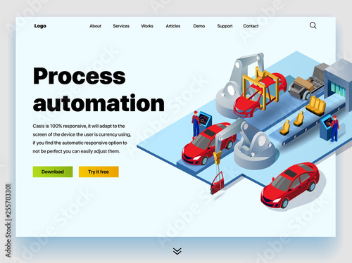 Automation processes in the automotive plant. Concept of a landing page for process automation in a car factory. Vector website template with 3d isometric illustration conveyor for assembly of cars