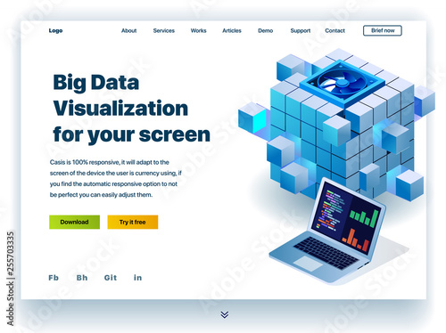 Website providing the service of big data visualization for your screen. Concept of a landing page for big data center. Vector website template with 3d isometric illustration of a big data and laptop