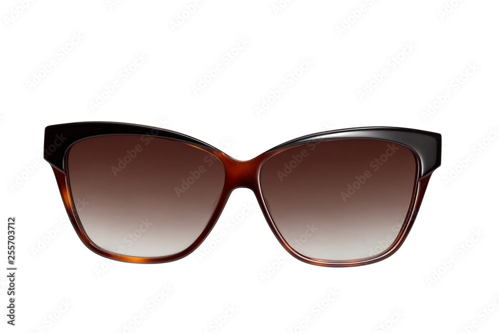 Stylish women's brown sunglasses on a white background. Front view.	