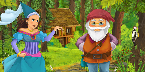 Fototapeta Naklejka Na Ścianę i Meble -  cartoon scene with happy dwarf traveling and encountering princess sorceress and hidden wooden house in the forest - illustration for children
