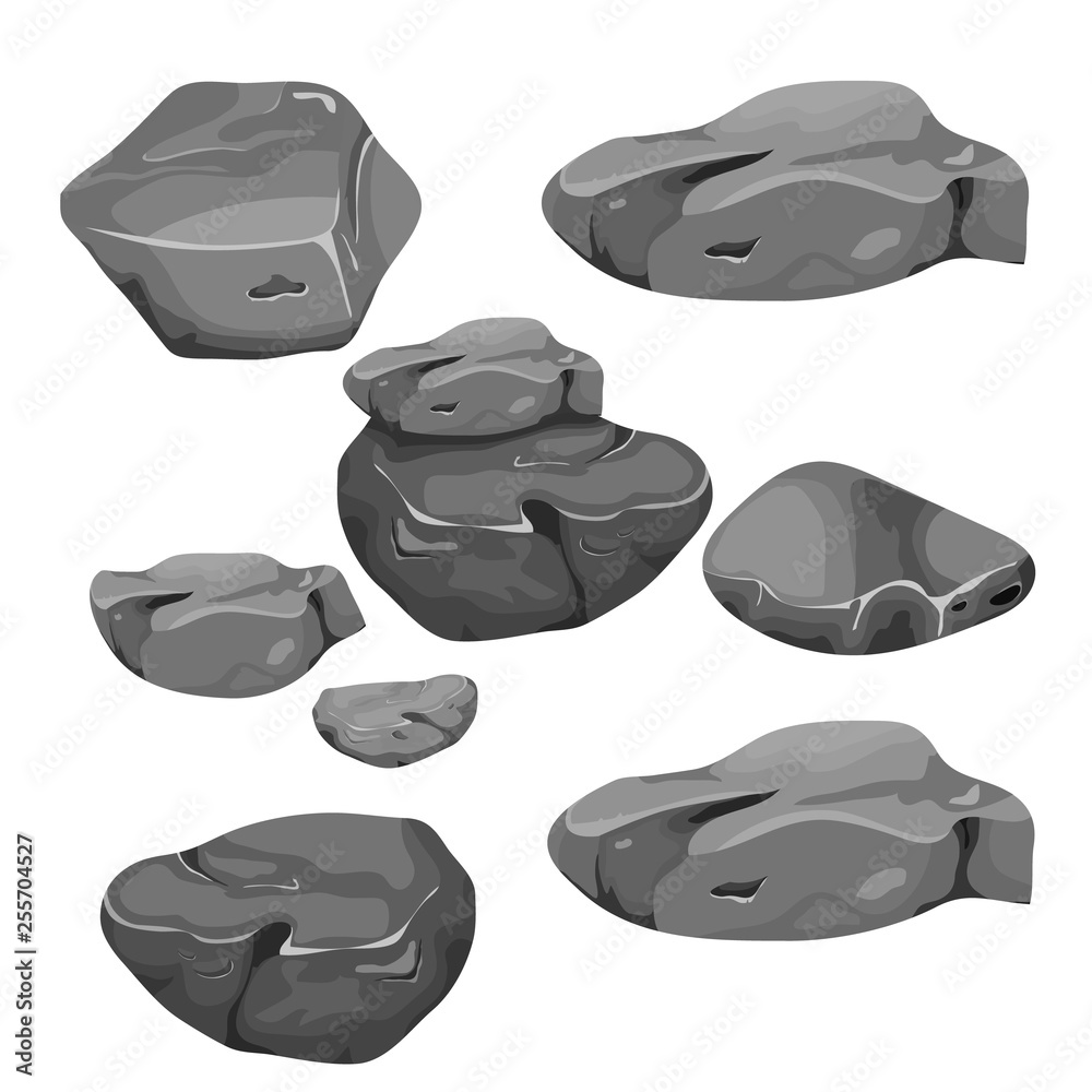 Vector illustration of a set of separated cartoon boulders, stones and ...