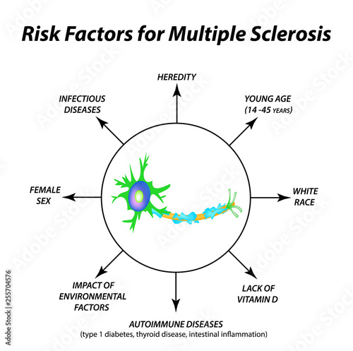 Risk factors for multiple sclerosis. The destruction of the myelin sheath on the axon. Damaged myelin. World Multiple Sclerosis Day. Infographics. Vector illustration on isolated background.