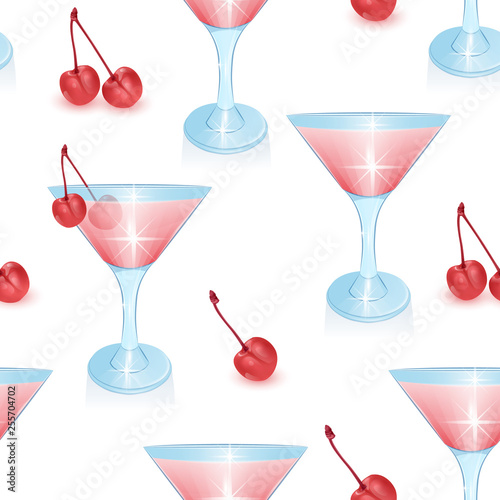 Seamless Endless Pattern on white background, pattern with Alcoholic cocktails and cherry, Can be used in food industry for wallpapers, posters, wrapping paper. Vector illustration