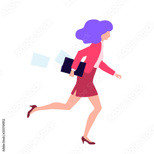 Business woman running and hurry up. Flat design, vector illustration