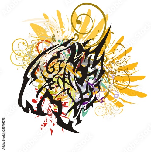 Mascot of the growling tribal tiger head with eagle feathers and color floral splashes on white
