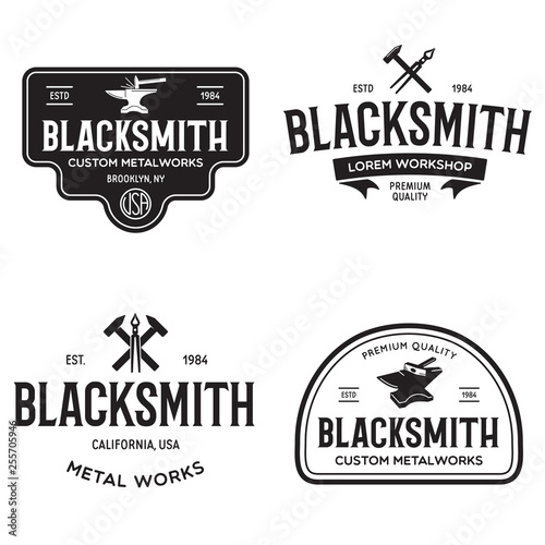 Blacksmith labels set. Design elements for metalworks service emblems, badges, logos. Monochrome seal collection.
