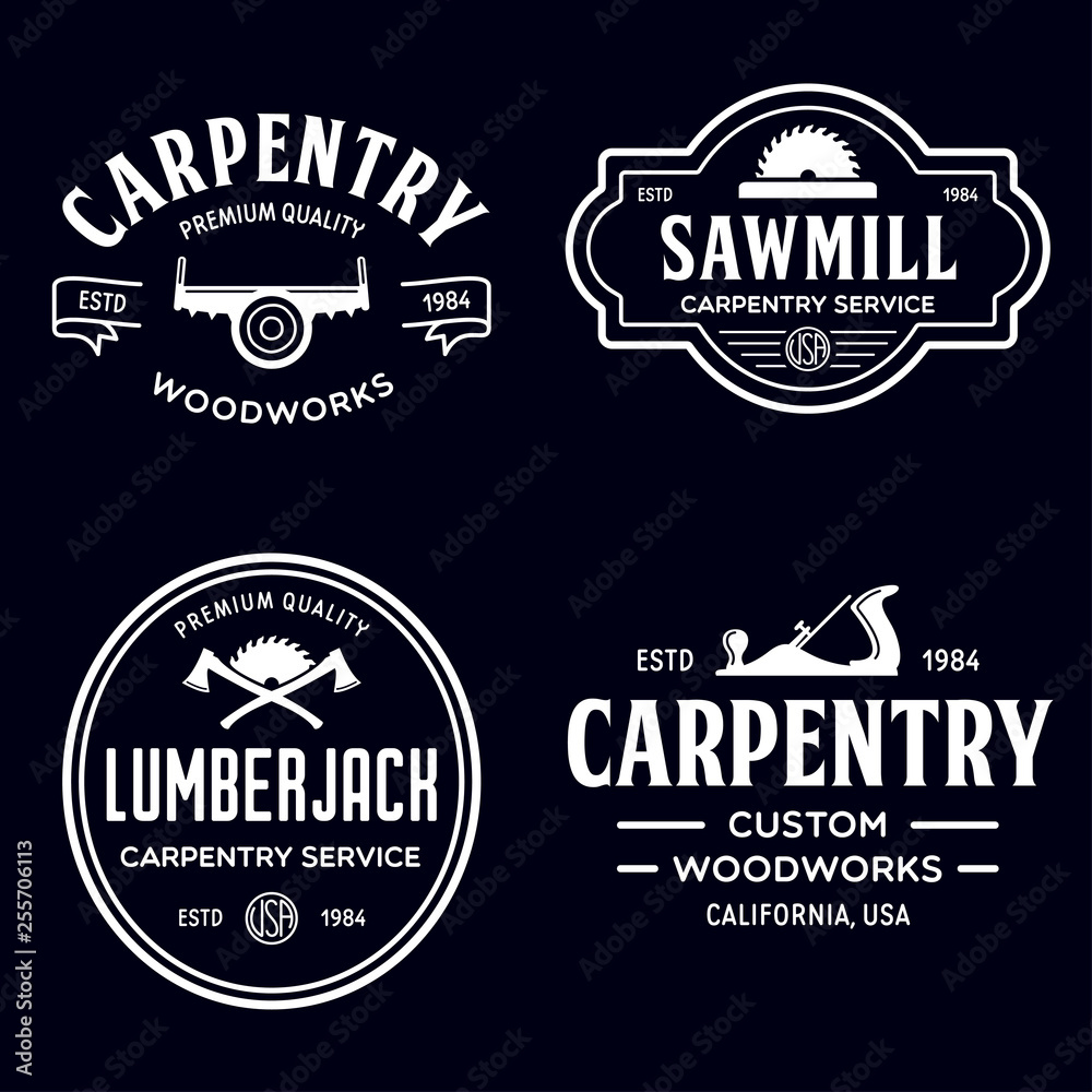 Fototapeta premium Woodwork badges. Set of carpentry, woodworkers, lumberjack, sawmill service monochrome vector labels, emblems and logos.