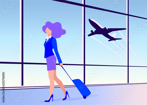 vector illustration of a young woman walking with a suitcase at the airport, girl stewardess hurries to the plane