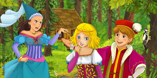 cartoon scene with happy young loving couple girl in the forest encountering sorceress hidden wooden house - illustration for children
