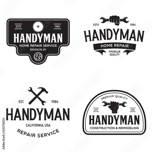 Handyman labels badges emblems and design elements. Tools silhouettes. Carpentry related vector vintage illustration.