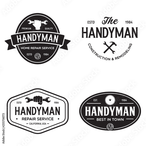 Handyman labels badges emblems and design elements. Tools silhouettes. Carpentry related vector vintage illustration.
