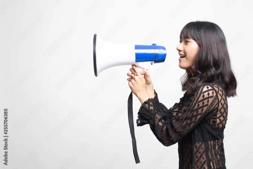 Beautiful young Asian woman announce with megaphone. Beautiful young Asian woman announce with megaphone.
