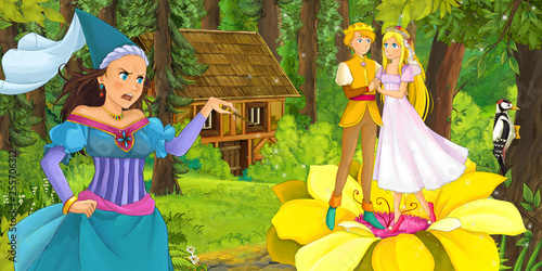 cartoon scene with happy young loving couple girl in the forest encountering sorceress hidden wooden house - illustration for children
