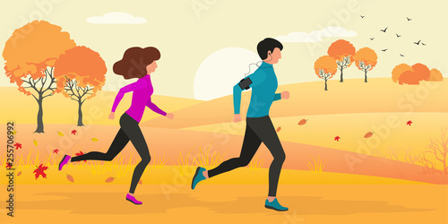 vector illustration of woman and man running through autumn forest, flat design