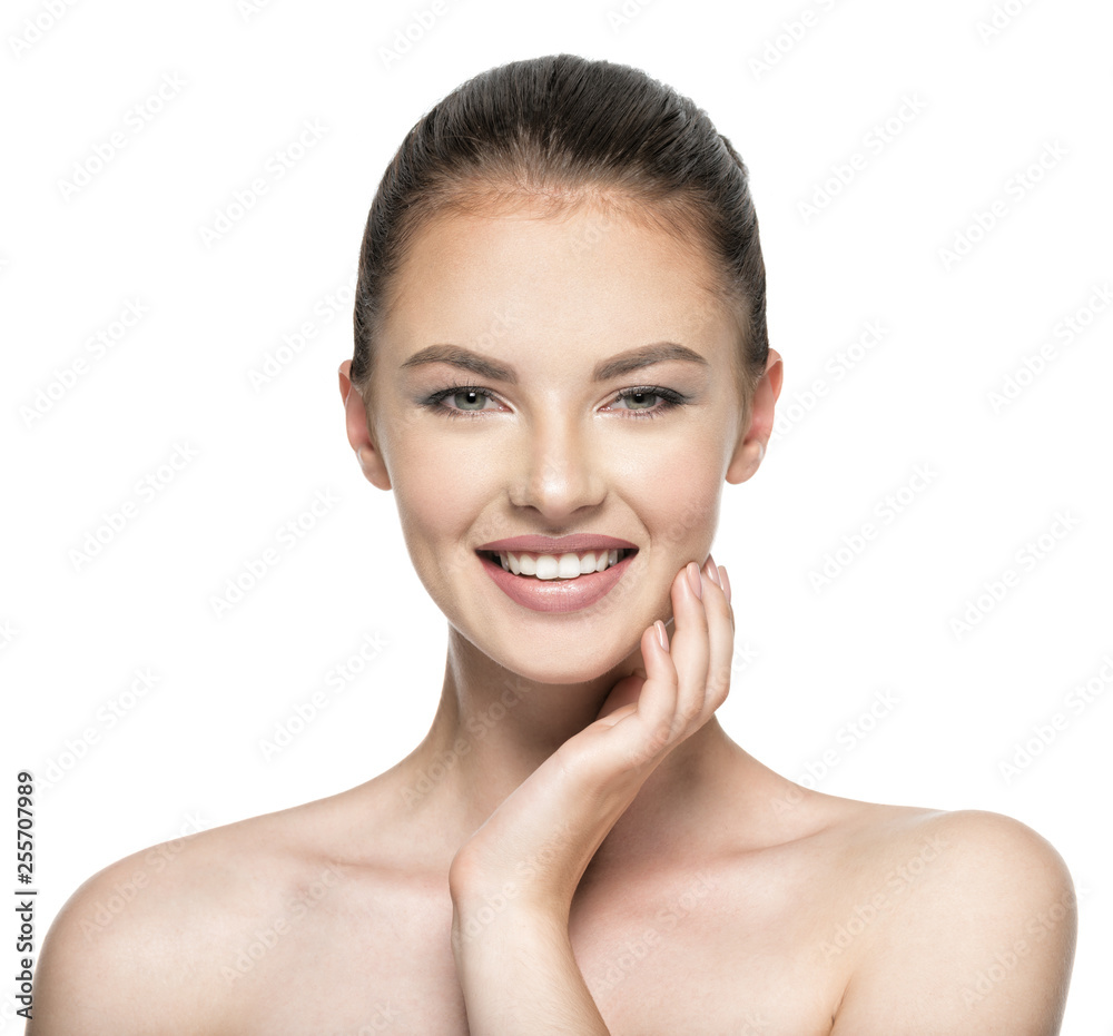 Beautiful woman cares for the skin face - isolated on white Beautiful woman cares for the skin face - isolated on white
