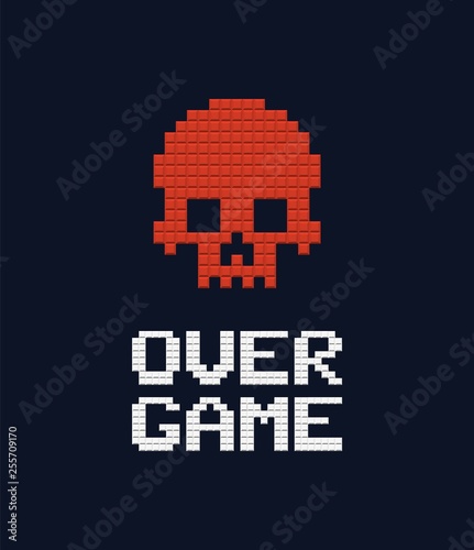 Game over text and red skull 8 bit vector illustration. Retro video game design element on dark background