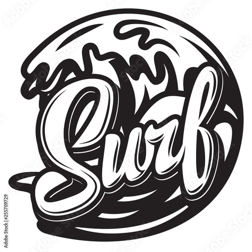 Vector monochrome calligraphic inscription surfing with wave
